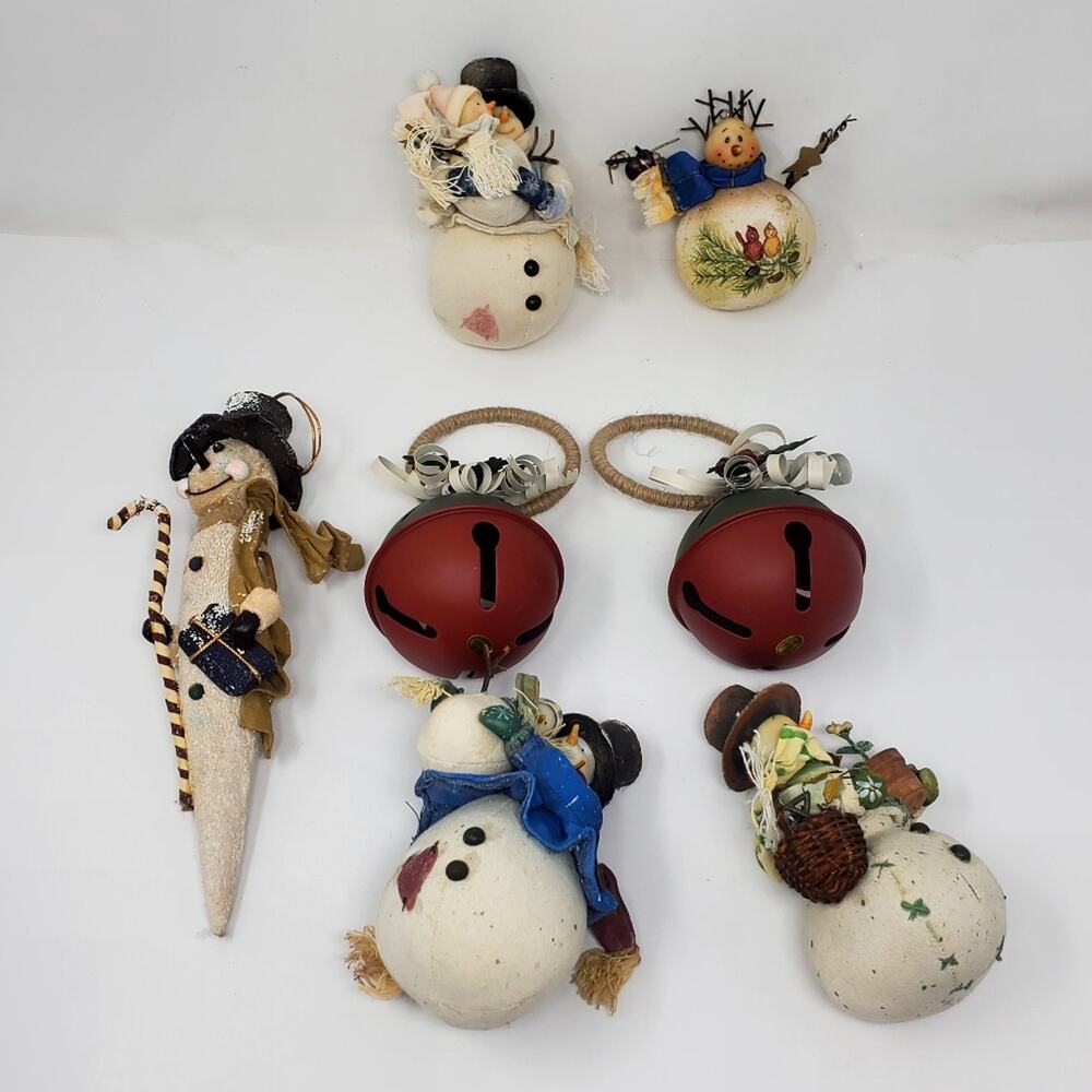 Xmas/ Christmas snowman décor linen and metal hangable bells Lot of 7 Items